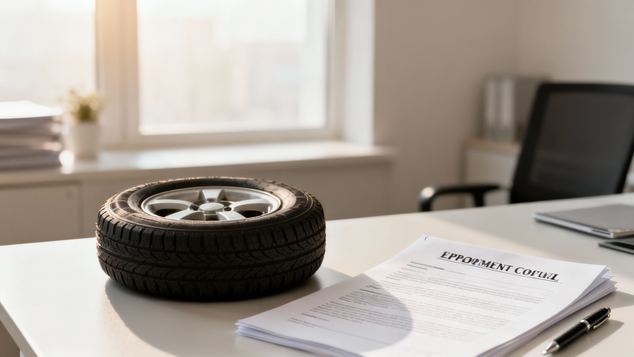 A miniature car tire sits on a white office desk next to stacked documents and a pen.