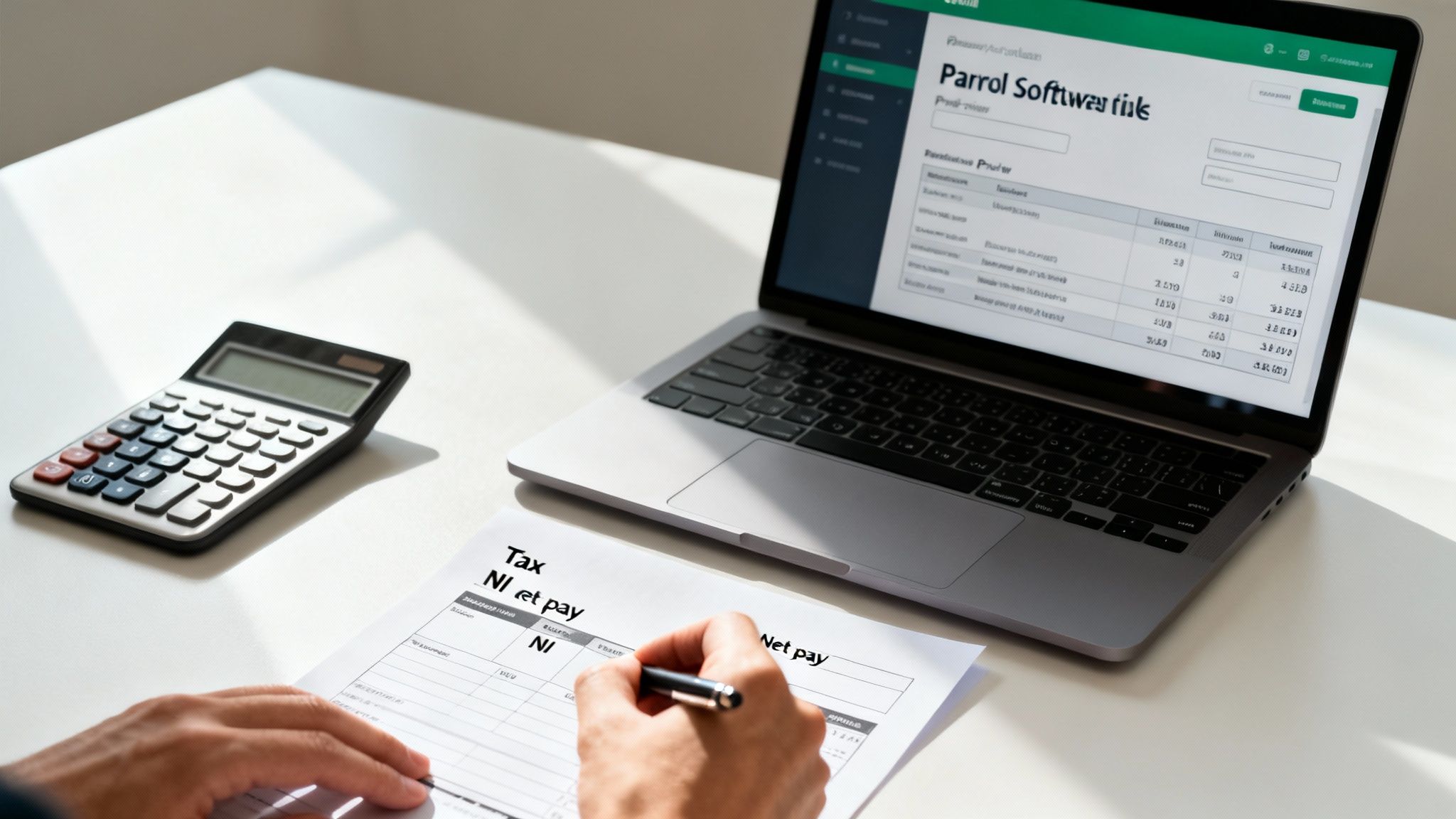 A person calculates payroll and taxes using a calculator and laptop displaying payroll software.