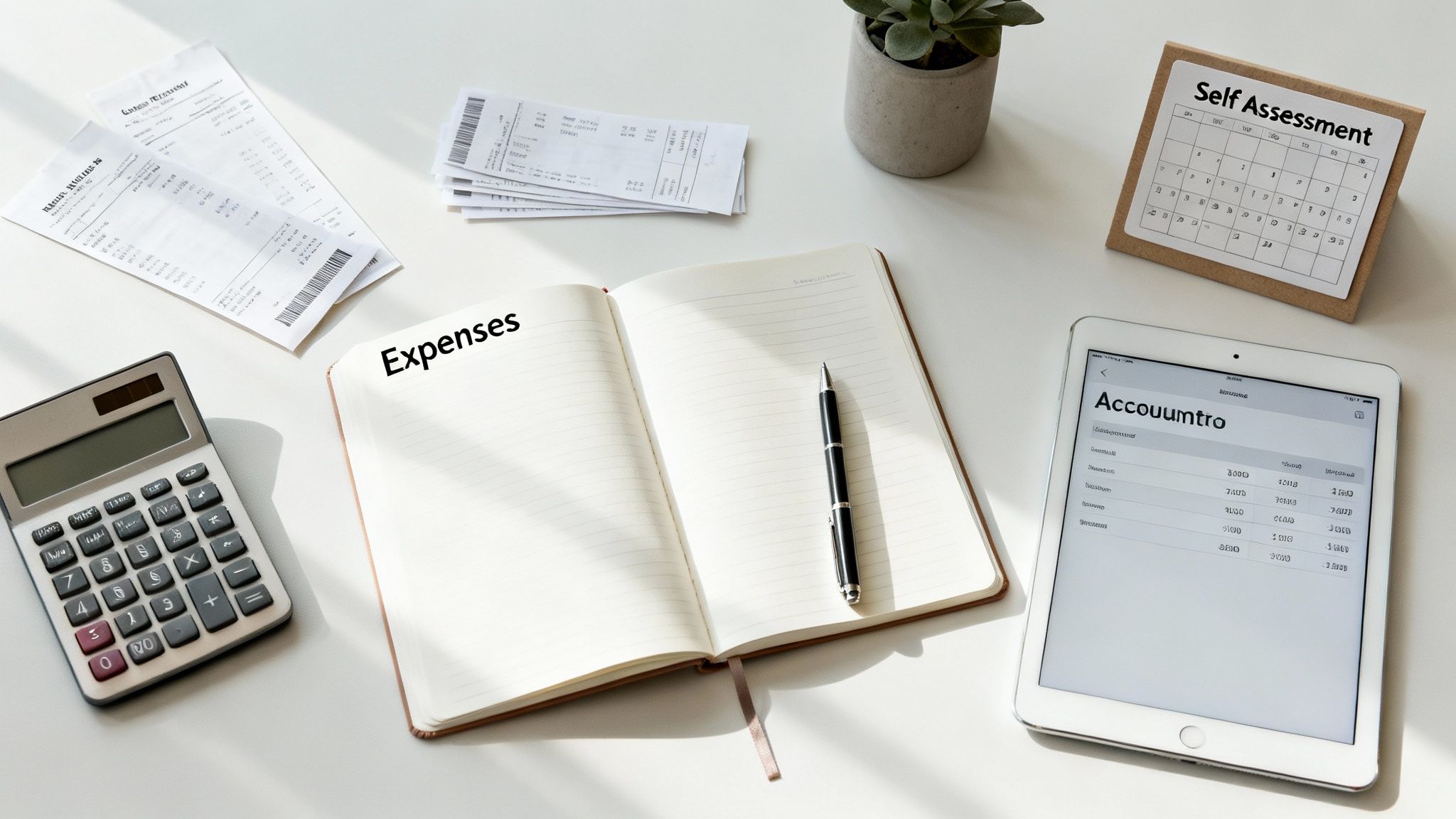 A desk with financial tools: calculator, receipts, expenses notebook, self-assessment calendar, and a tablet.