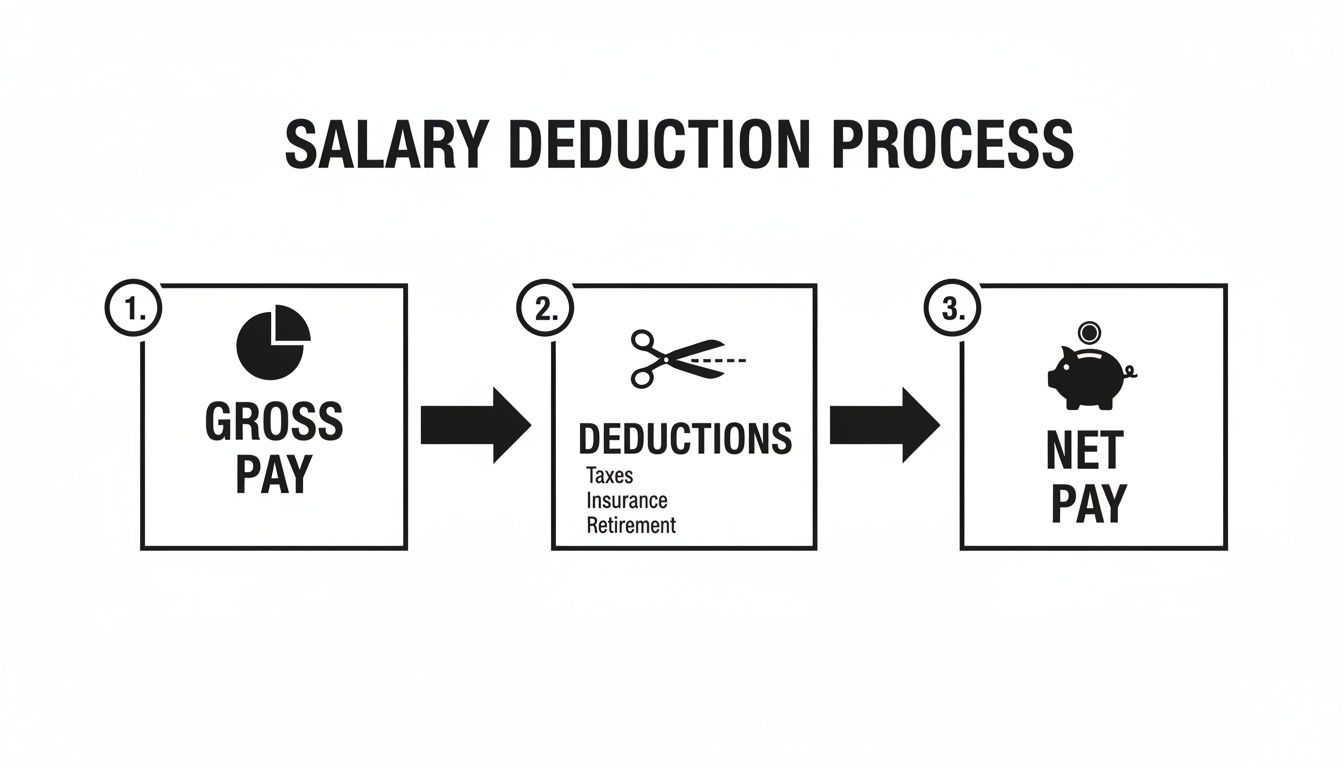 A diagram illustrates the salary deduction process from gross pay to net pay.