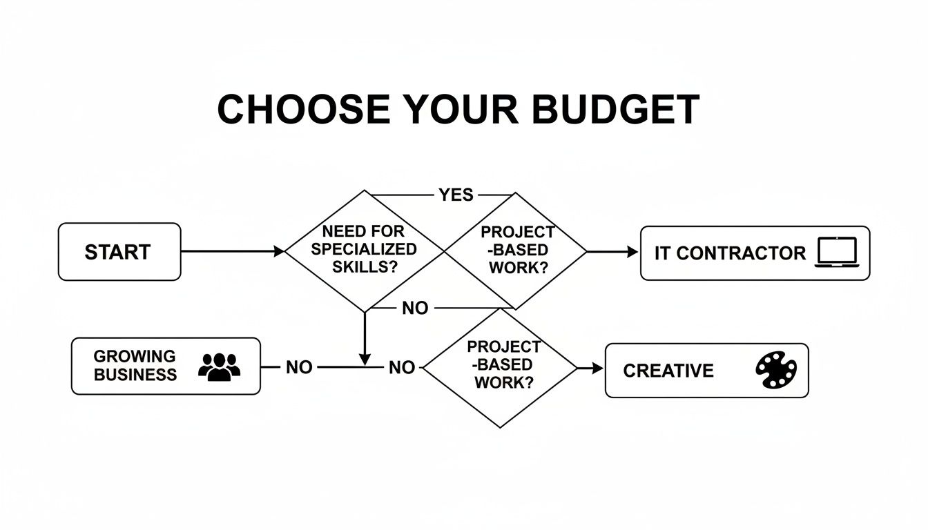 Flowchart guiding budget decisions based on specialized skills and project work, leading to IT contractor or creative roles.