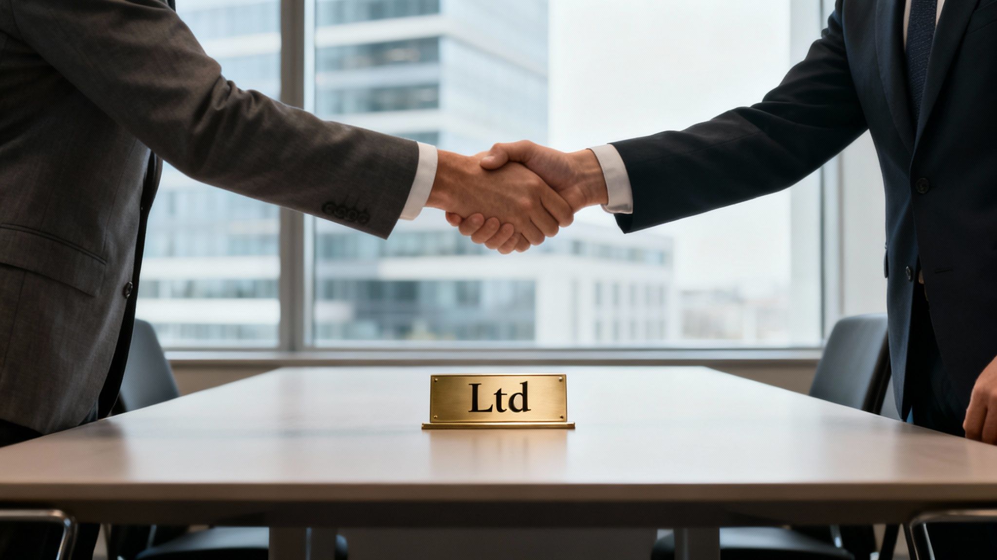 Two businessmen in suits shake hands over a conference table, with an 'Ltd' sign prominently displayed.