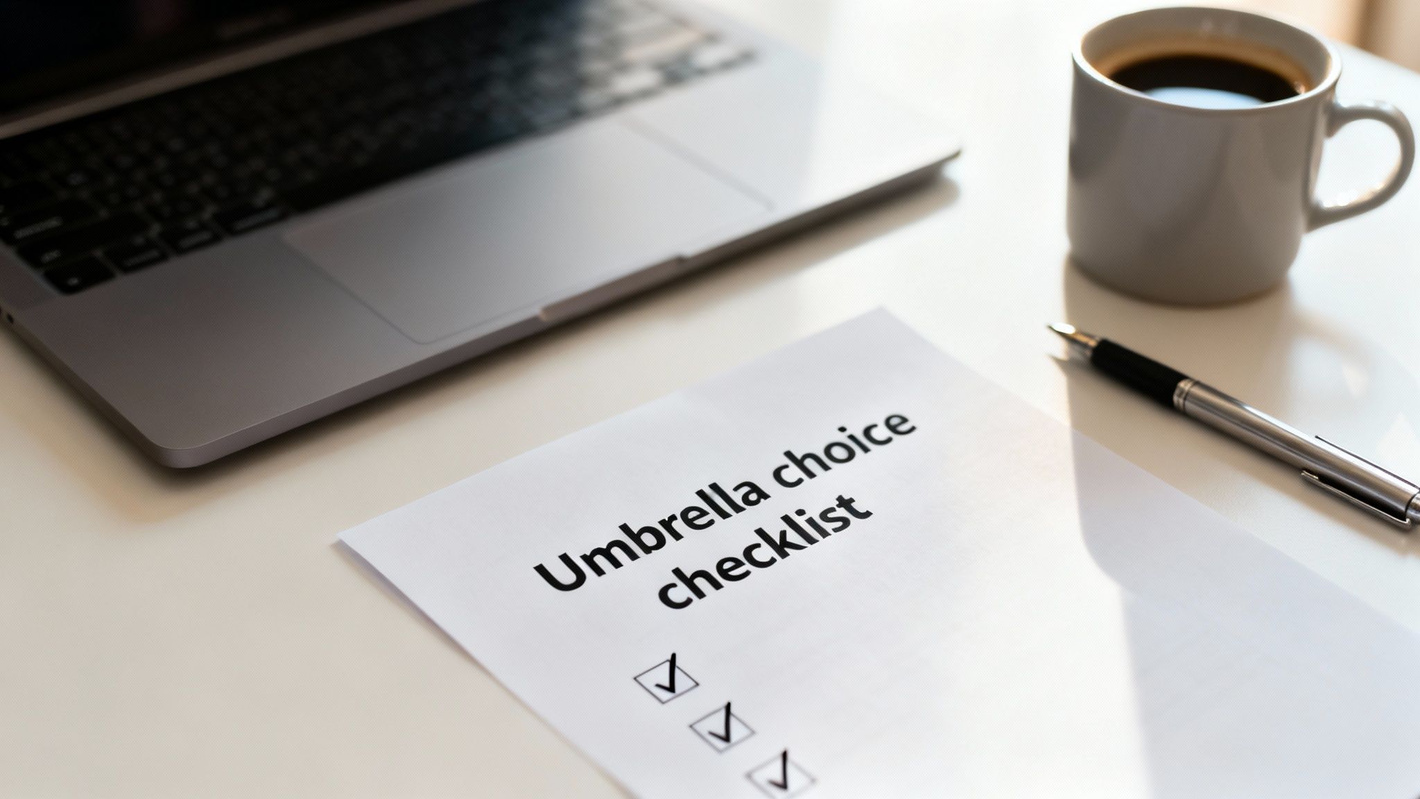 A white desk with a laptop, coffee mug, pen, and a document titled 'Umbrella choice checklist' with checkboxes.