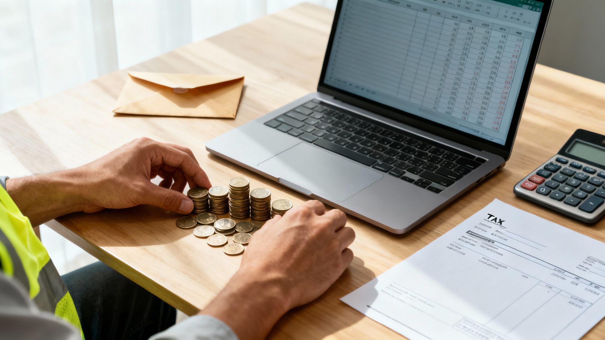 Man counting coins at a desk with a laptop, calculator, and tax form, representing financial planning.