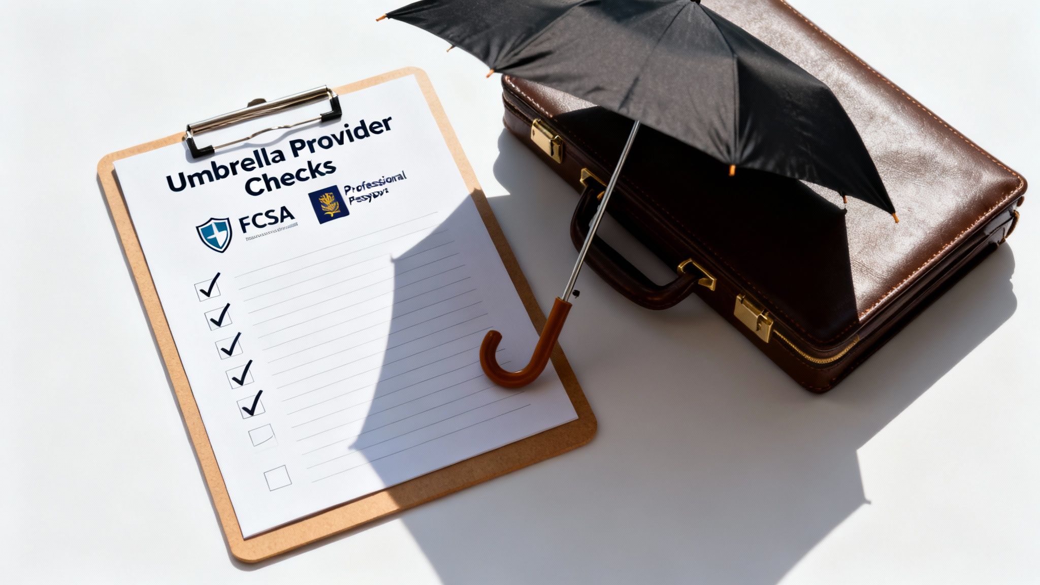 A clipboard with an 'Umbrella Provider Checks' checklist, FCSA and Professional Passport logos, next to an open umbrella and a briefcase.