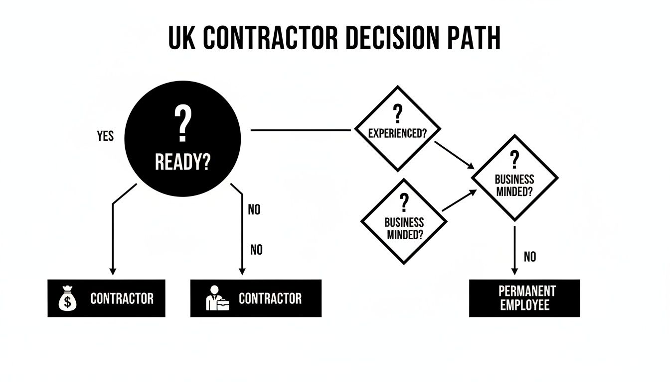 A flowchart showing the UK contractor decision path, guiding individuals on becoming a contractor or permanent employee.