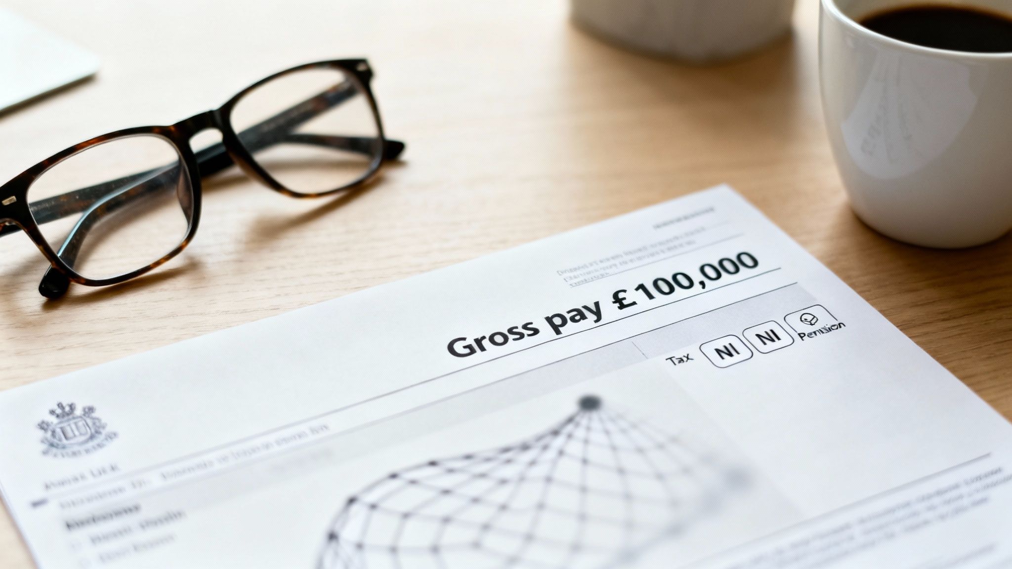 A financial document displaying 'Gross pay £100,000' with glasses and a coffee cup on a wooden desk.