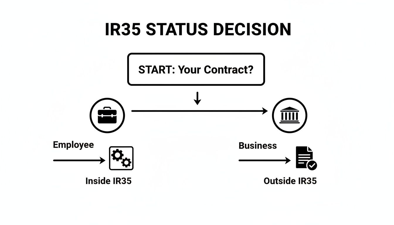 Flowchart depicting the IR35 status decision process for contracts, leading to Inside IR35 for employees and Outside IR35 for businesses.