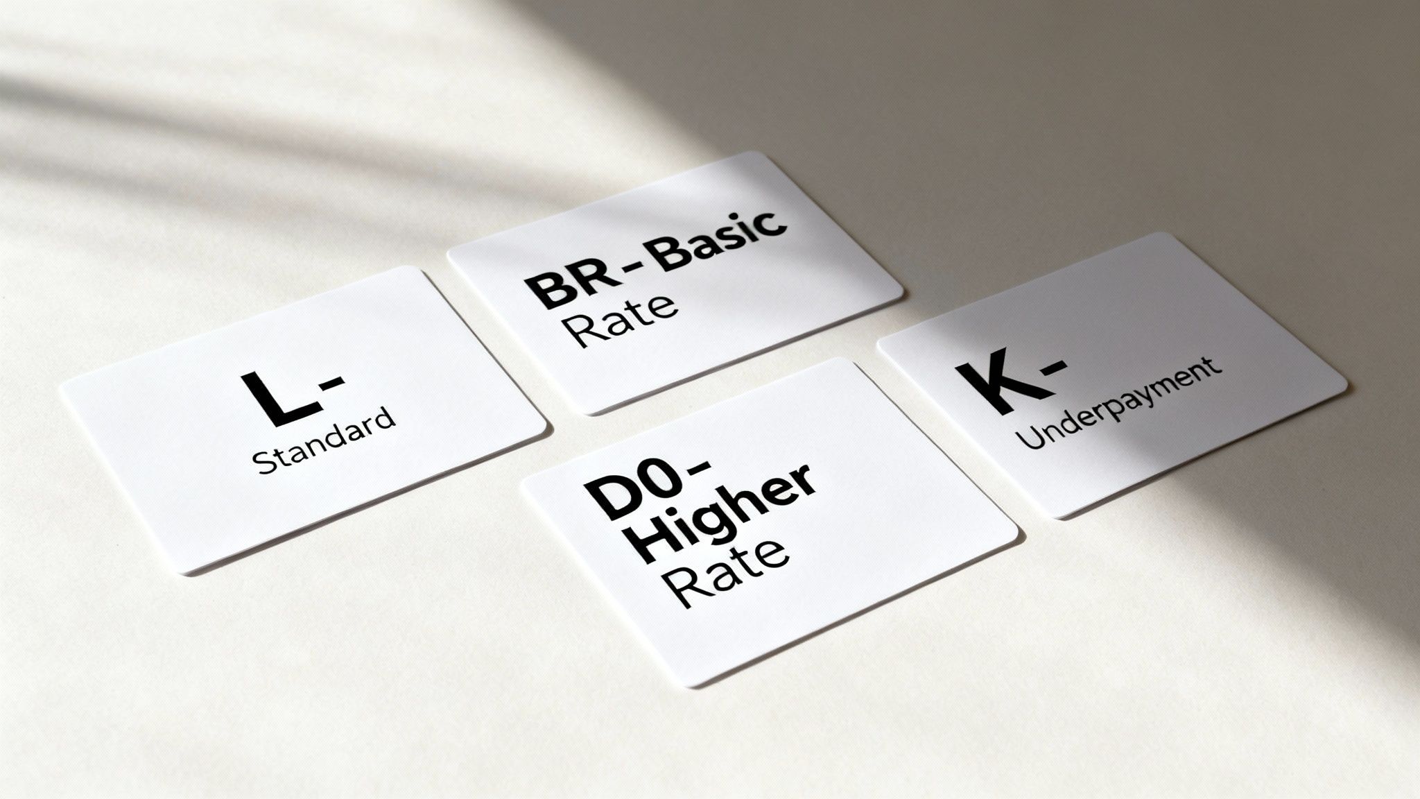 Four white cards display tax codes: L- Standard, BR- Basic Rate, DO- Higher Rate, K- Underpayment.