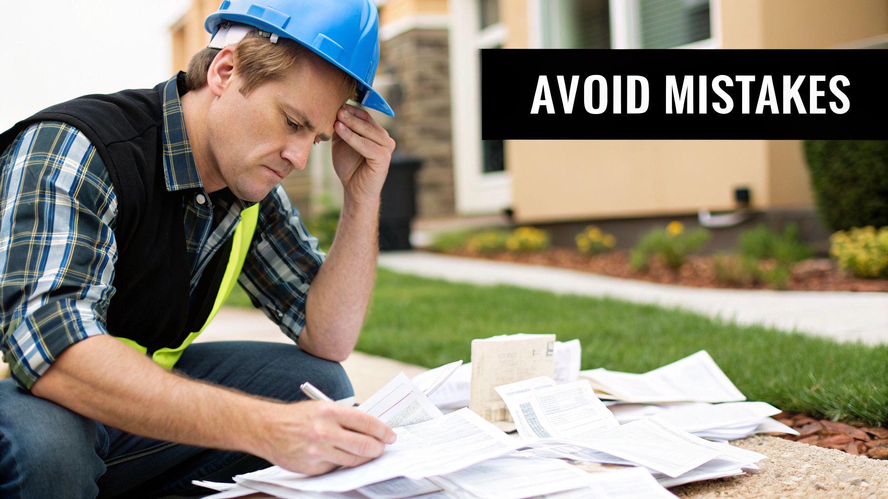 A contractor looking concerned while reviewing financial documents, highlighting the stress of making mistakes.