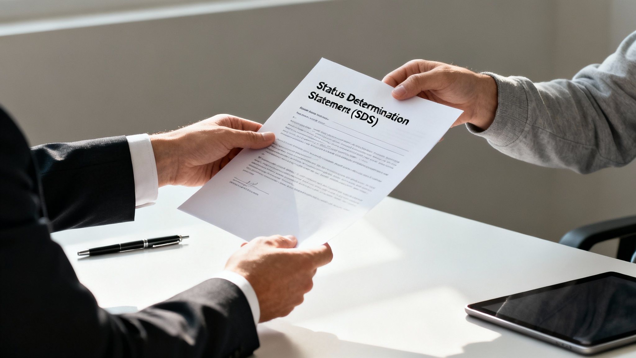 Close-up of two people exchanging a 'Status Determination Statement (SDS)' document over a white table.