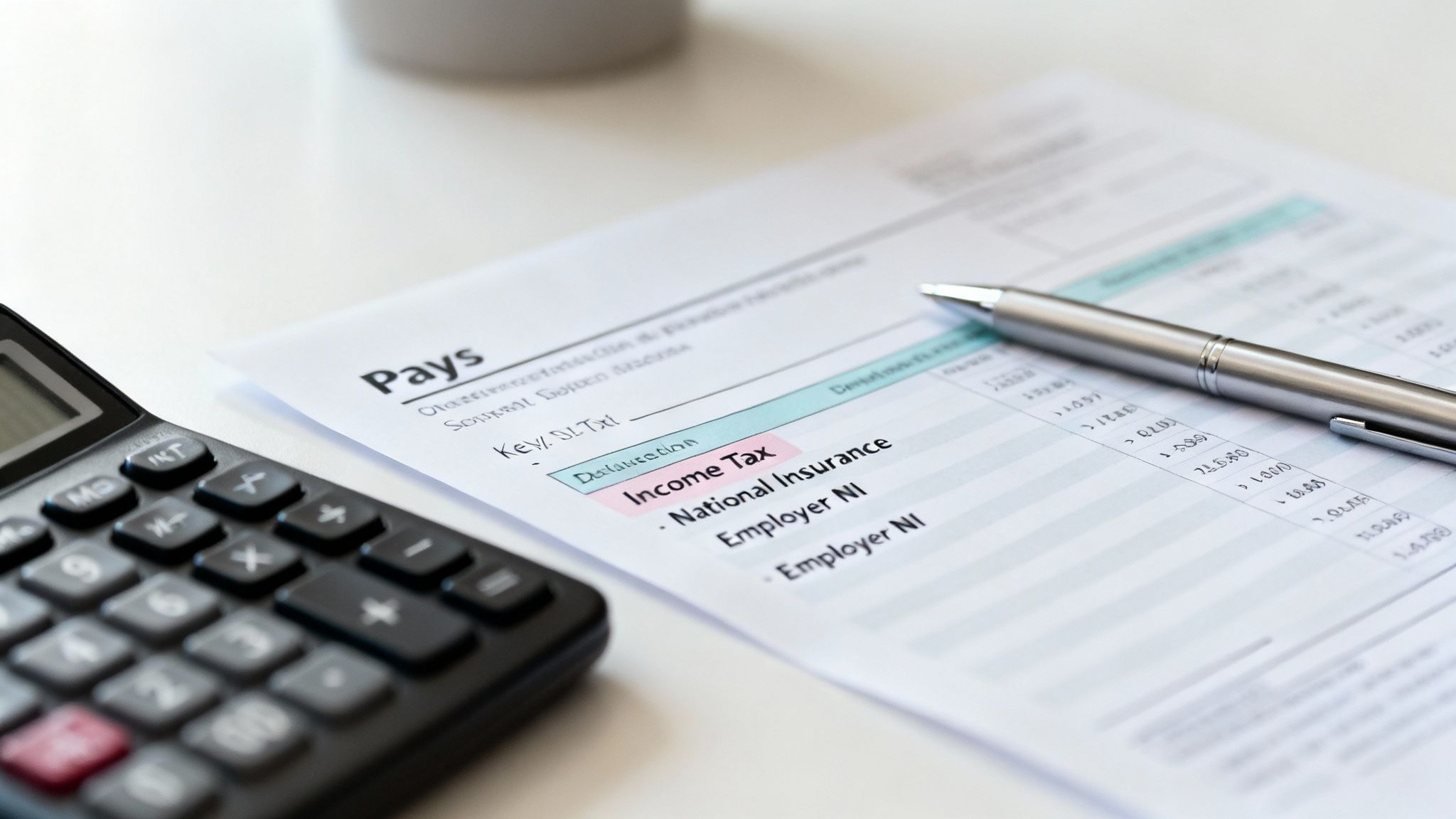 A close-up of a calculator, a pen, and a financial document showing payslip deductions on a white desk.