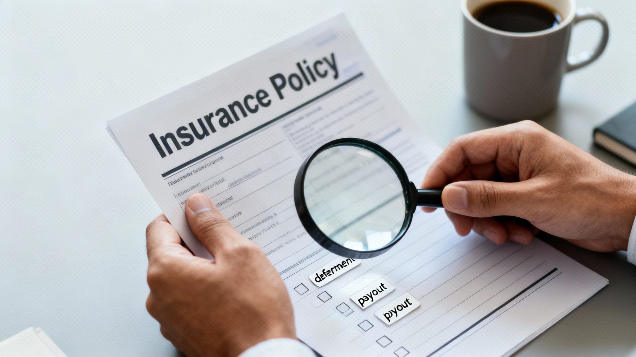 A person uses a magnifying glass to carefully review an insurance policy document with terms like 'deferment' and 'payout' visible.