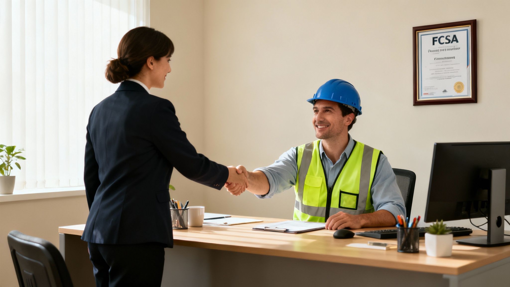 Business professional shaking hands with construction worker wearing hard hat and safety vest in office