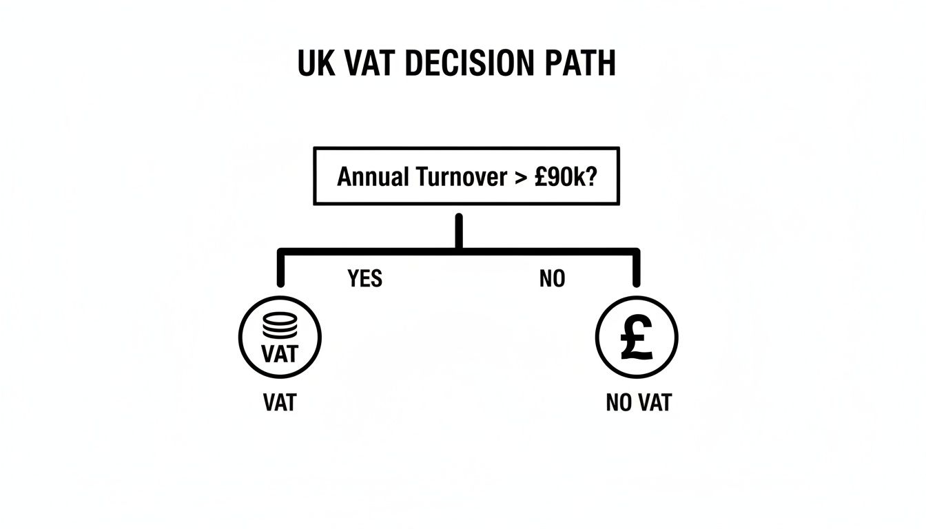 A flowchart illustrating the UK VAT decision path based on annual turnover exceeding £90k.