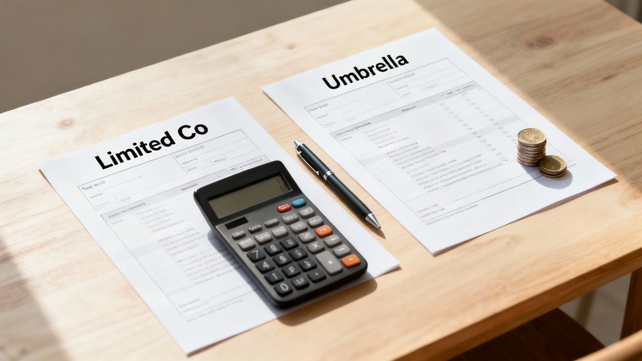 Two business documents titled 'Limited Co' and 'Umbrella' with a calculator, pen, and coins on a wooden desk.