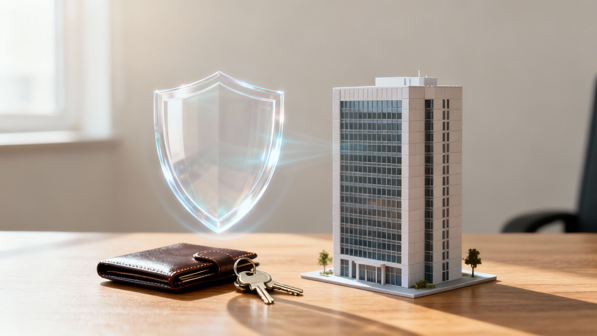 A miniature skyscraper model, brown wallet, keys, and a glowing shield symbolizing property protection.