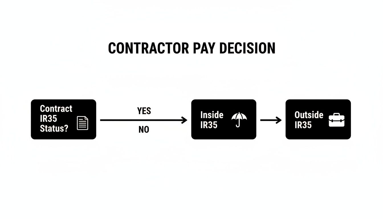 Flowchart illustrating contractor pay decision based on IR35 status, showing 'Inside IR35' or 'Outside IR35' outcomes.