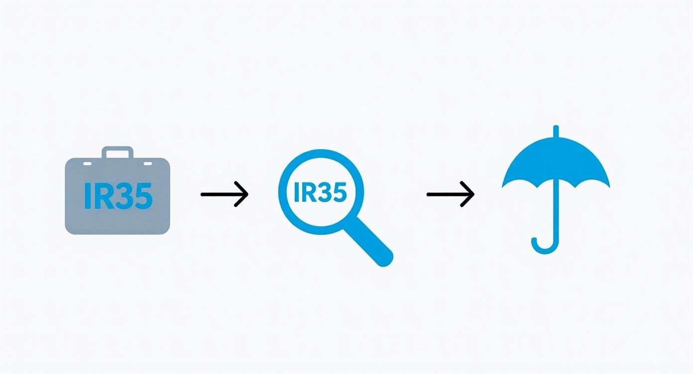Visualizing the IR35 compliance journey: from assessment with a magnifying glass to umbrella company protection.