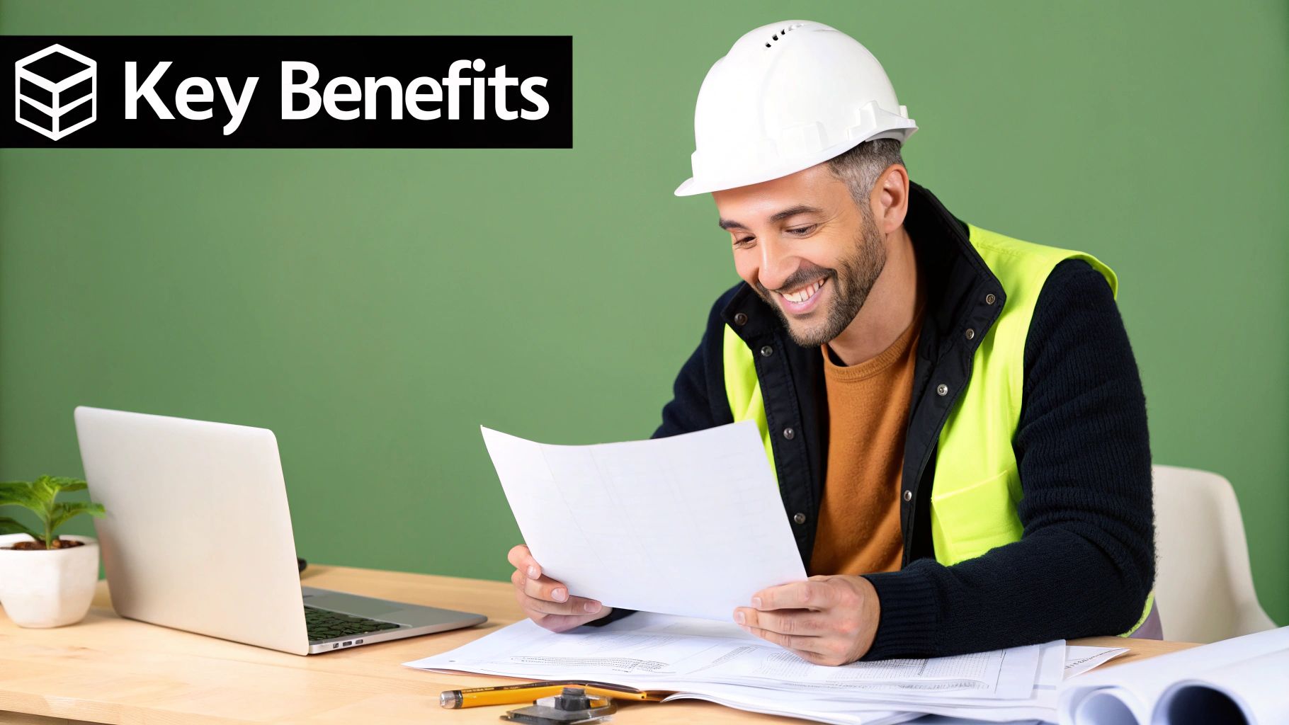 A contractor smiling while looking at a laptop, illustrating the rewarding and stress-free benefits of using an umbrella company.