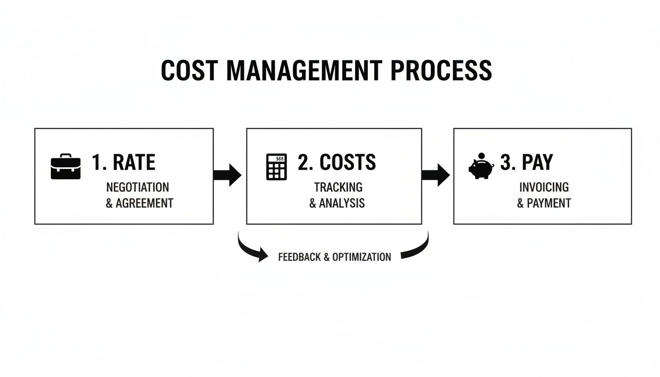 Diagram illustrating the cost management process flowchart with steps for rate, costs, and payment.