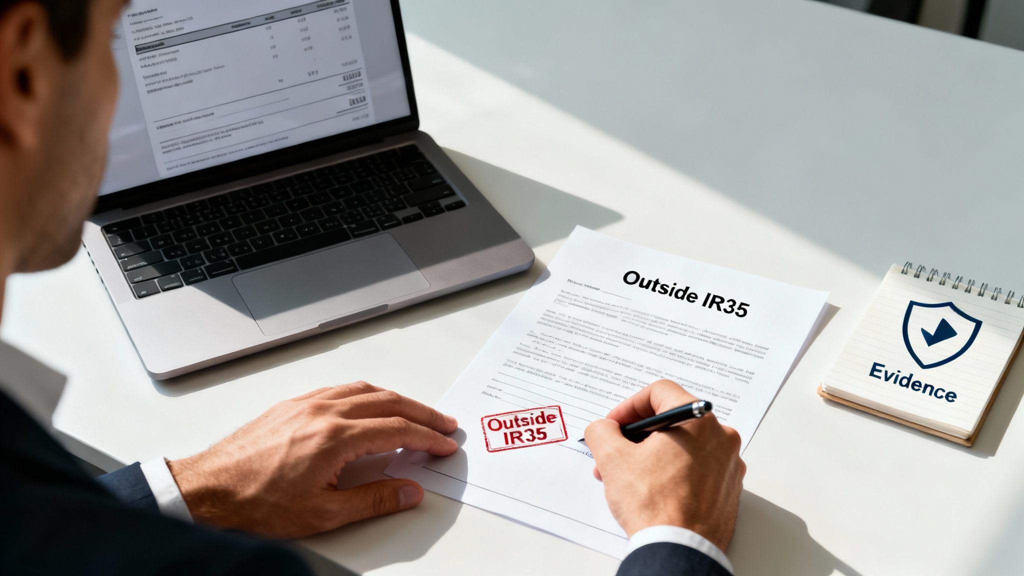 Man signing a document marked "Outside IR35" at a desk with a laptop and "Evidence" notebook.