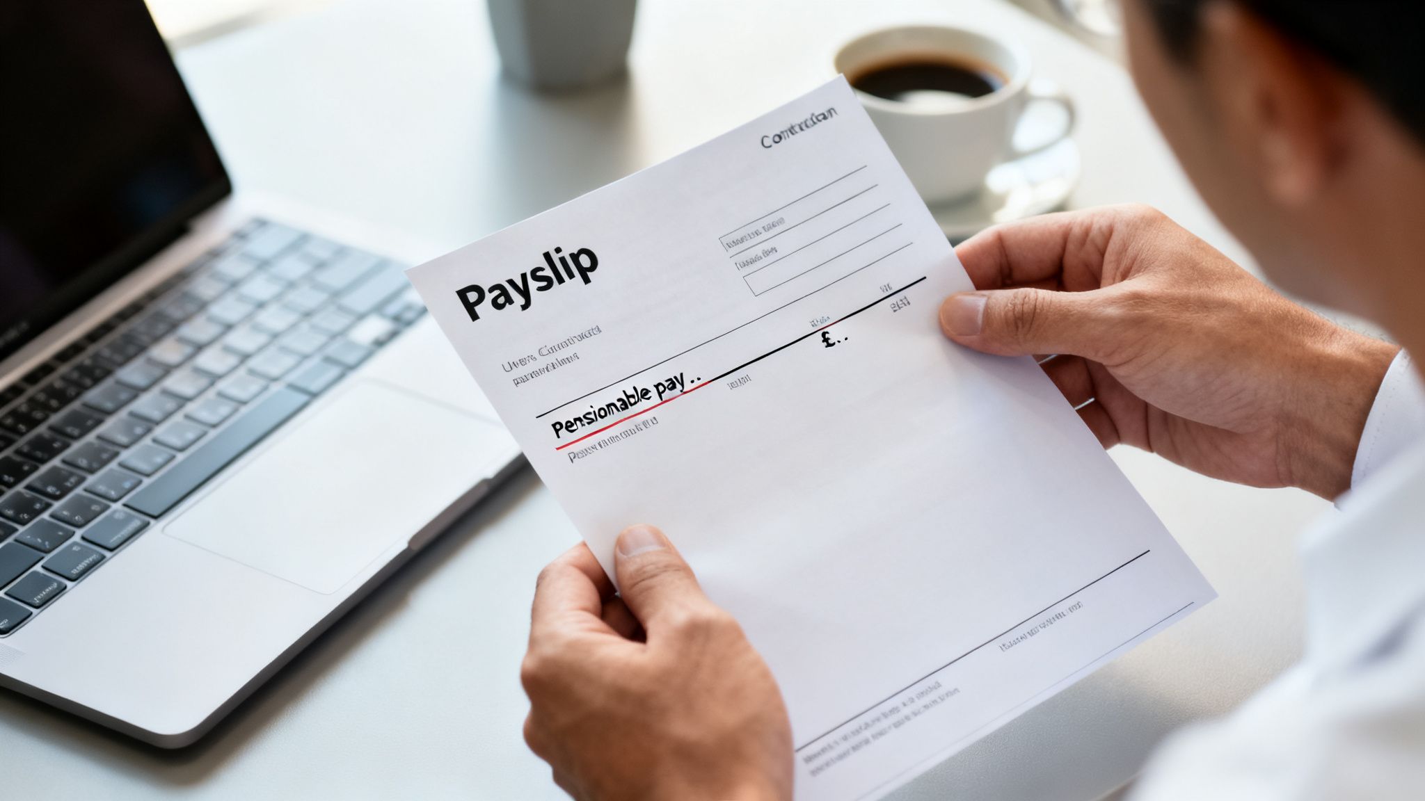 A person holds a payslip showing 'Pensionable pay' with a laptop and coffee nearby, reviewing their earnings.
