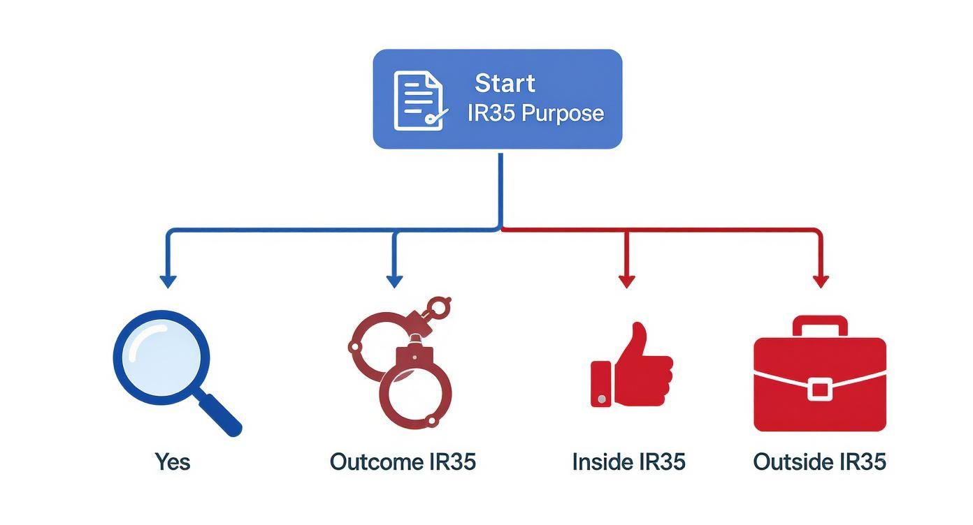 Flowchart showing IR35 purpose decisions, with outcomes including Yes, Outcome IR35, Inside IR35, and Outside IR35.