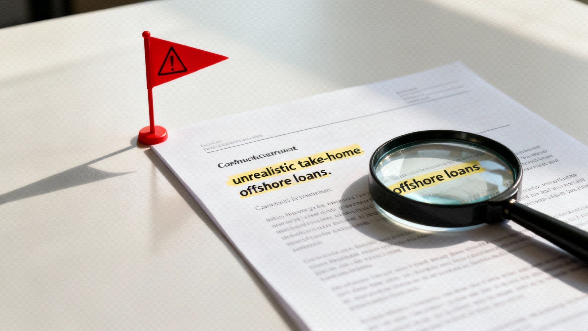 A magnifying glass hovering over a contract, symbolising the importance of scrutinising umbrella company details.