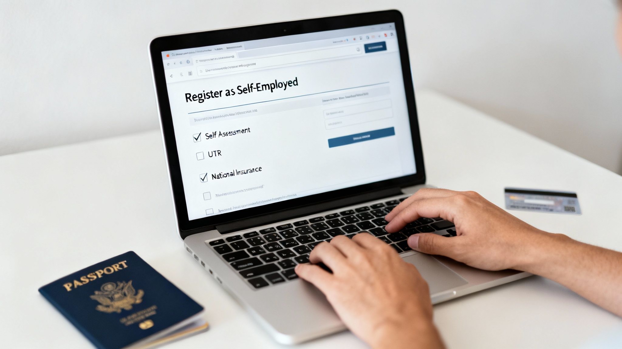 Hands typing on a laptop with a self-employed registration form, next to a passport and card.