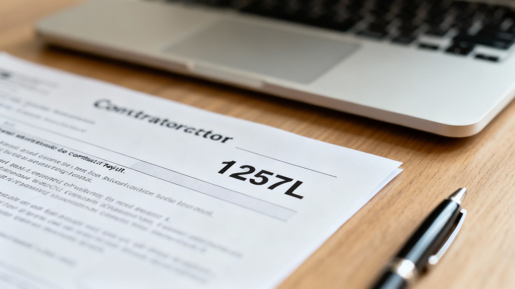 A document labeled 'Contratorttor 1257L' on a wooden desk with a laptop and pen, suggesting financial paperwork.