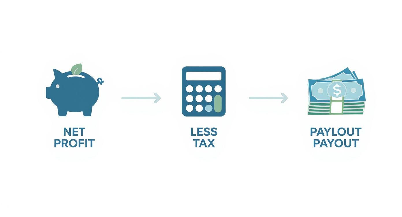Infographic showing a three-step process for calculating dividends, moving from Net Profit (piggy bank icon), to Less Tax (calculator icon), and finally to Payout (money stack icon).