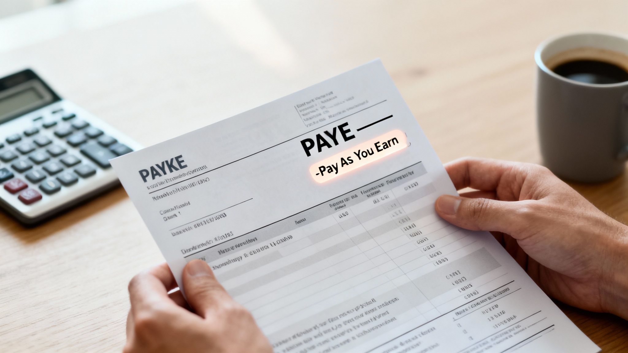 Close-up of hands holding a document highlighting 'PAYE - Pay As You Earn,' with a calculator and coffee nearby.