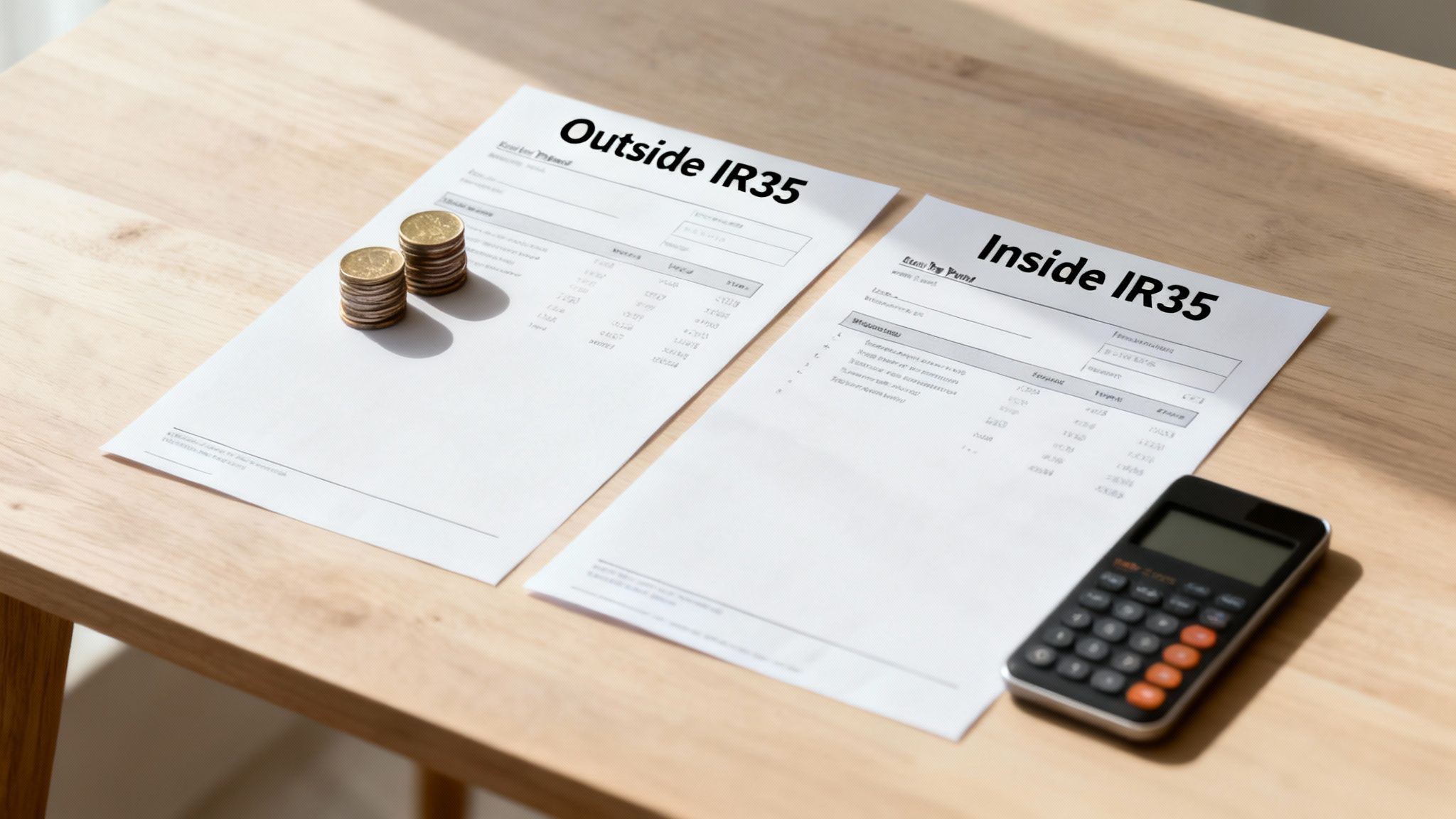 Two documents on a desk, one labeled 'Outside IR35' with coins and another 'Inside IR35' with a calculator, illustrating financial comparisons.