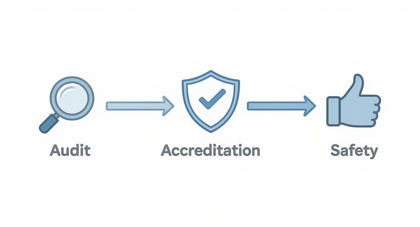 Infographic showing a three-step process flow for compliance with icons for Audit, Accreditation, and Safety.