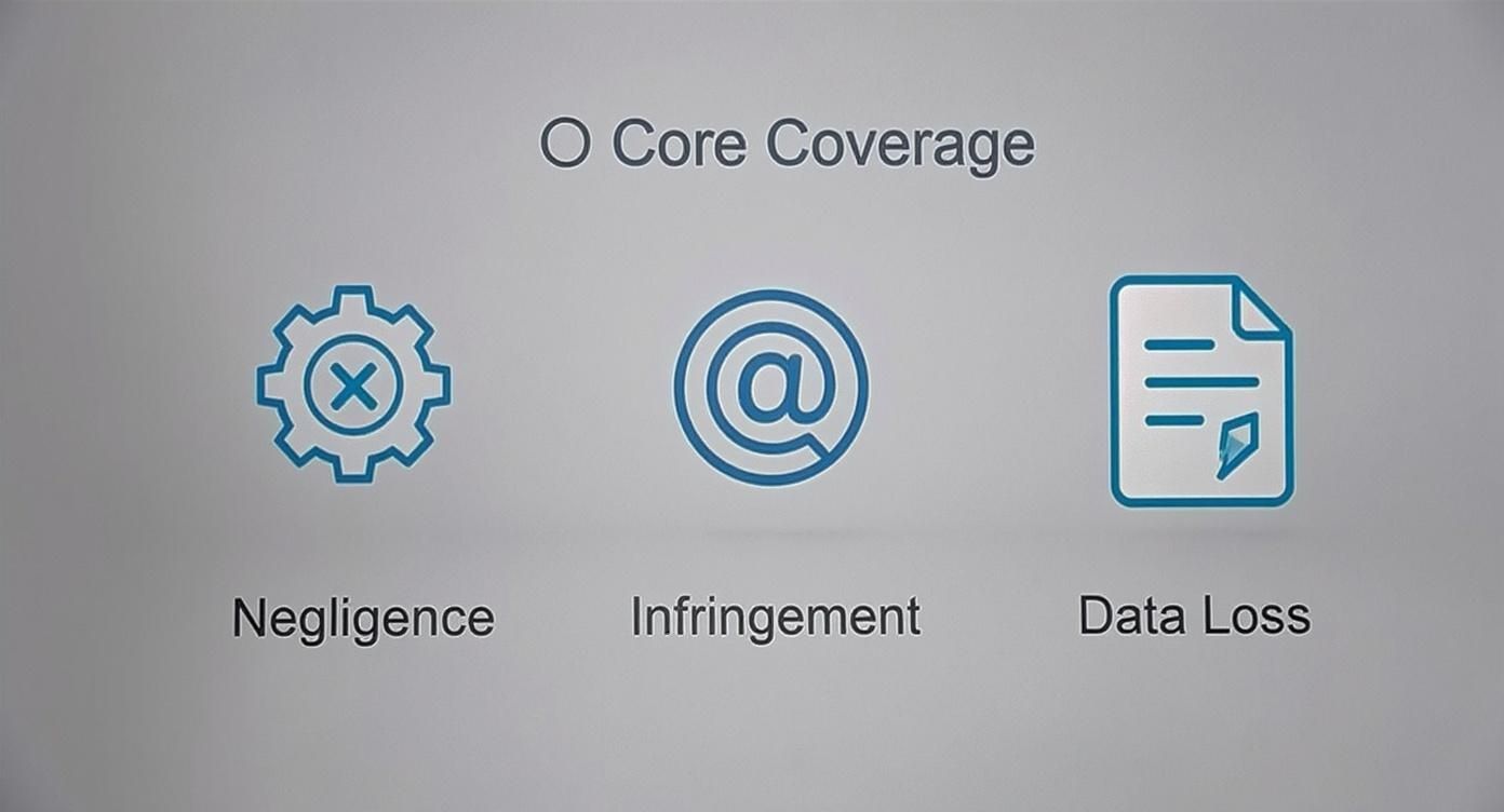 Infographic showing core coverage areas for contractor indemnity insurance including negligence, intellectual property infringement, and data loss.