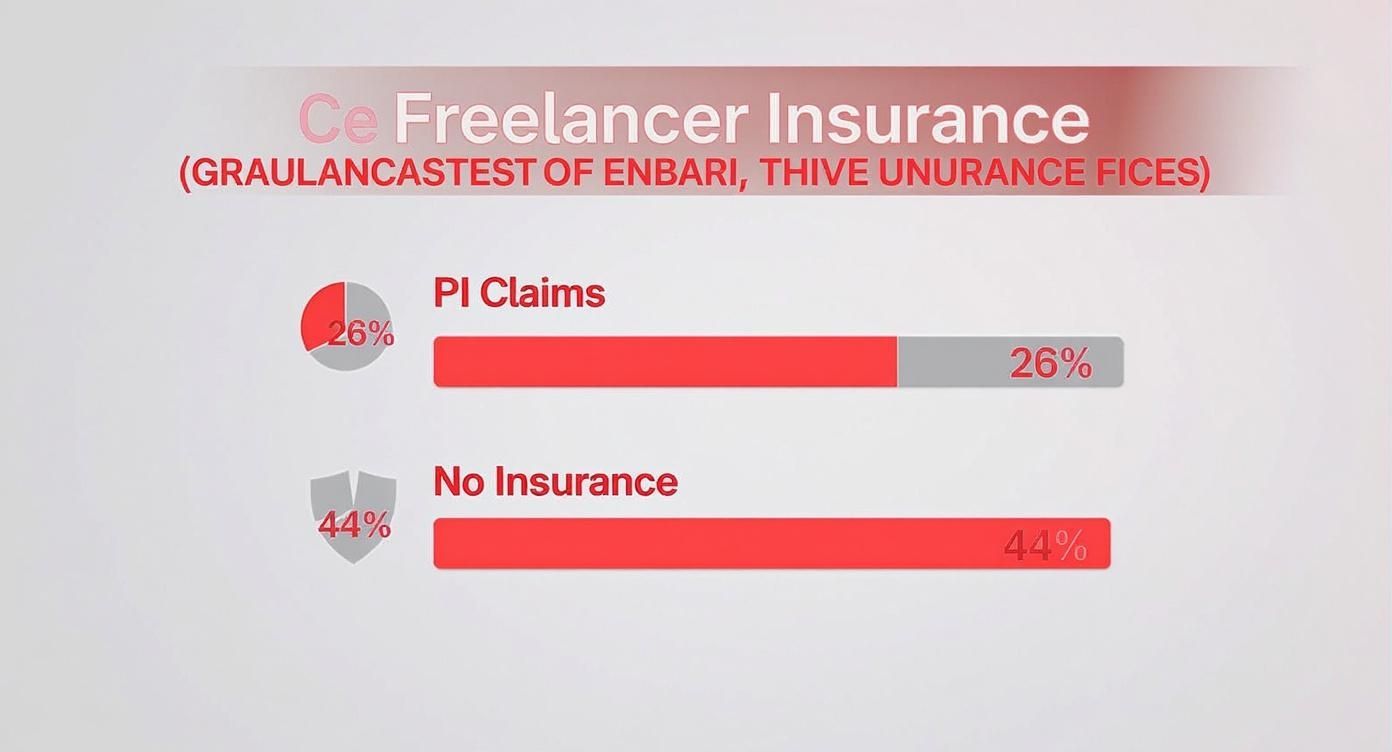 Infographic showing that 26% of business insurance claims are for Professional Indemnity, while 44% of freelancers have no insurance.