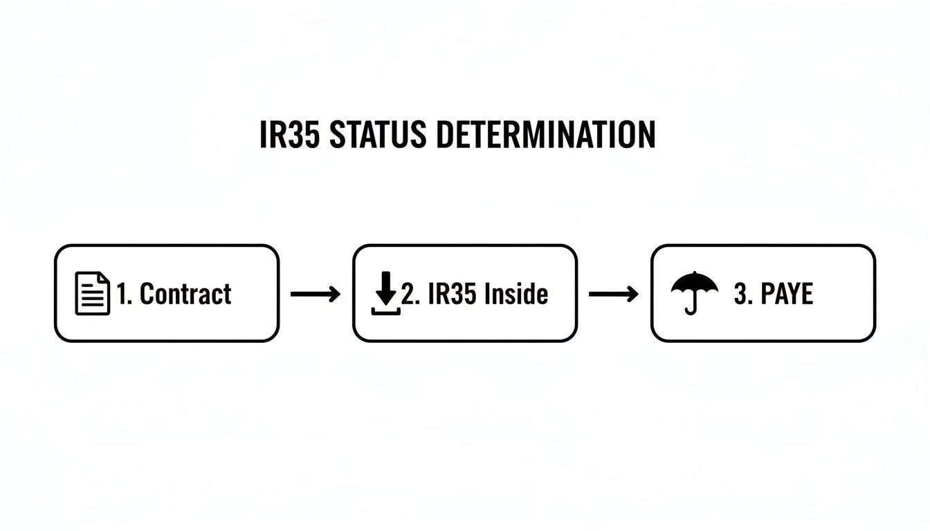 Flowchart illustrating the IR35 status determination process, showing steps from contract to PAYE.