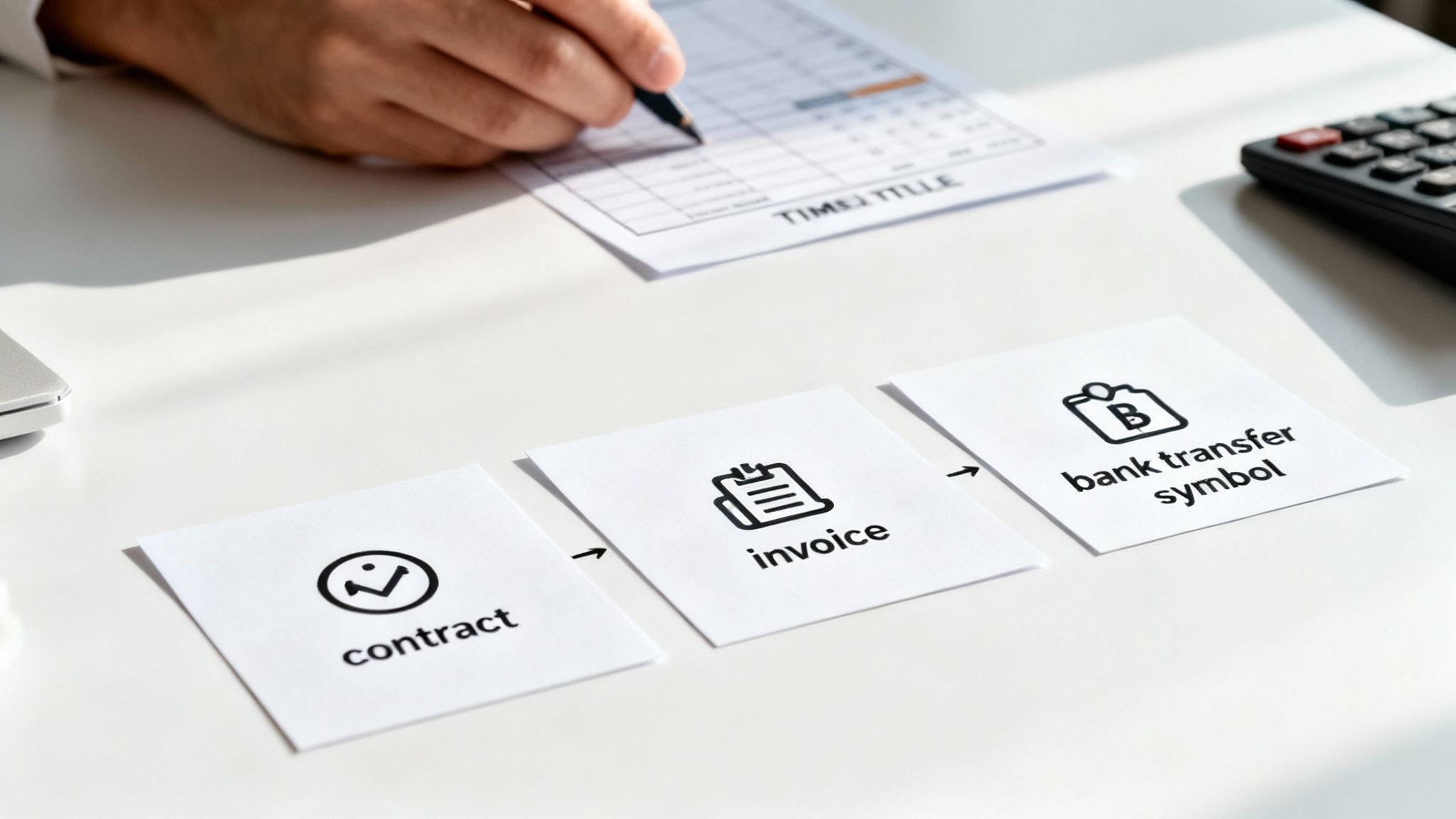 A person's hand writes on a document, with cards showing contract, invoice, and bank transfer steps.