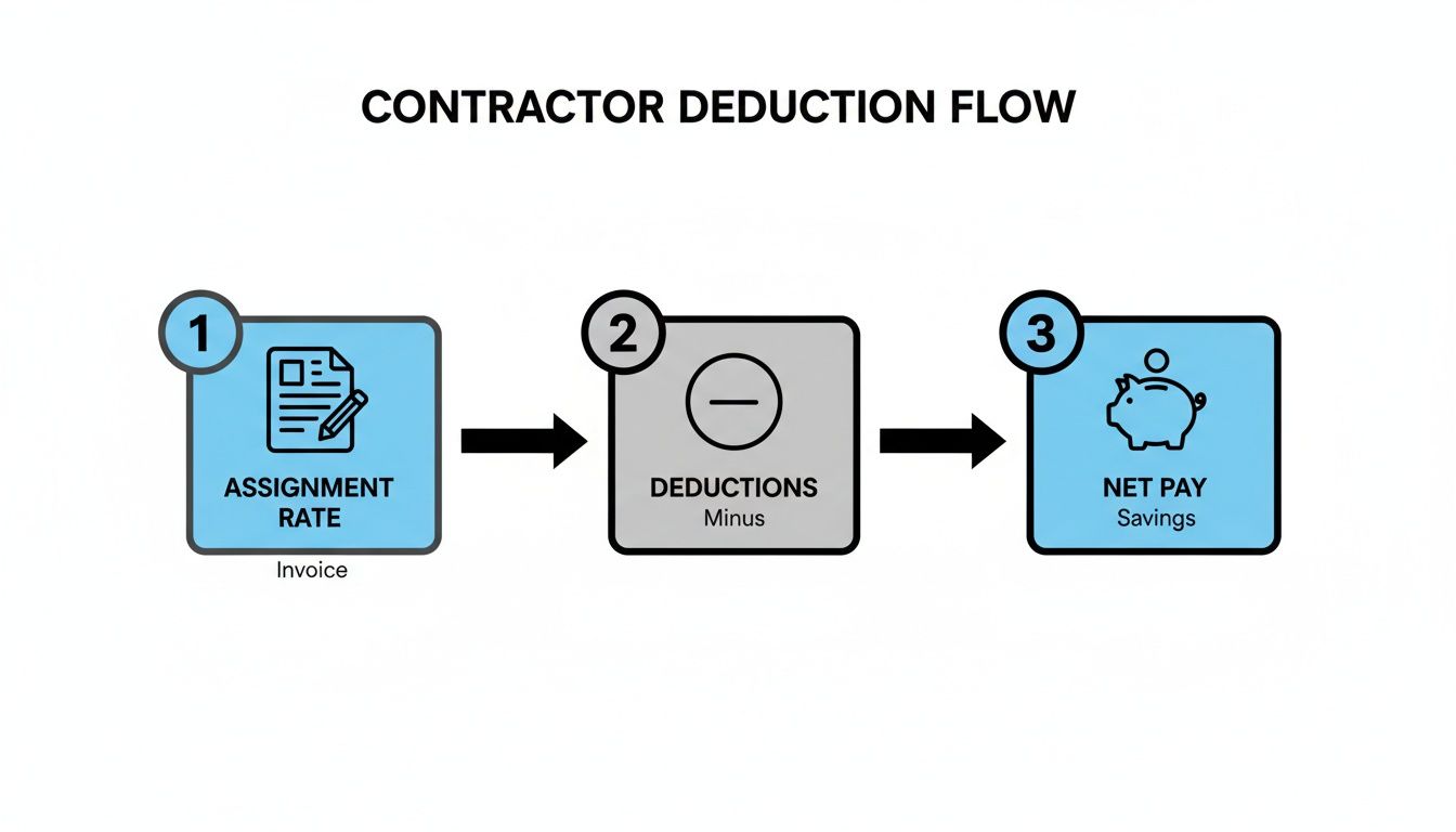A flowchart illustrating the contractor deduction flow: assignment rate minus deductions equals net pay.