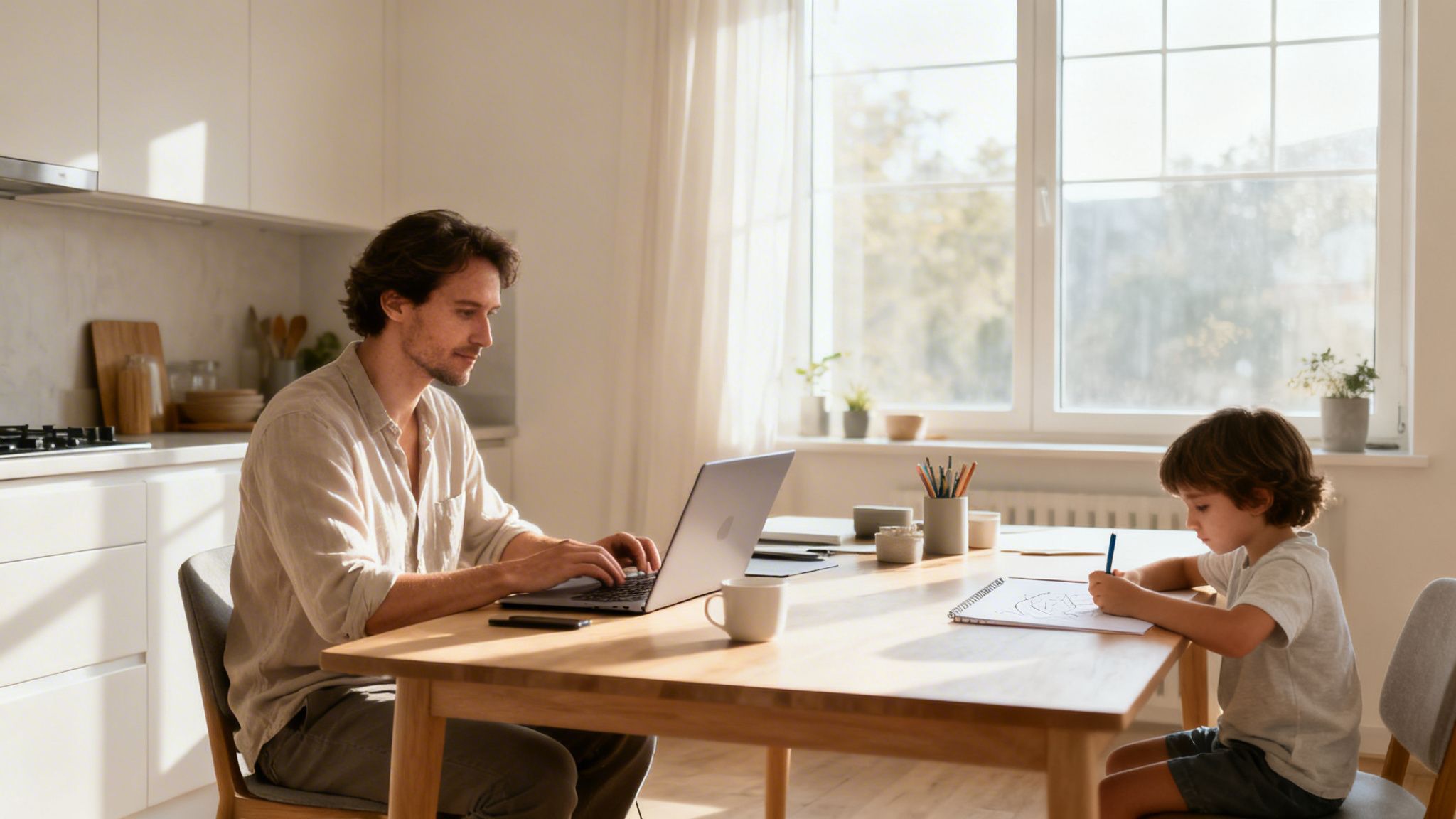 A man works on a laptop at a kitchen table while a child draws next to him, bathed in sunlight.