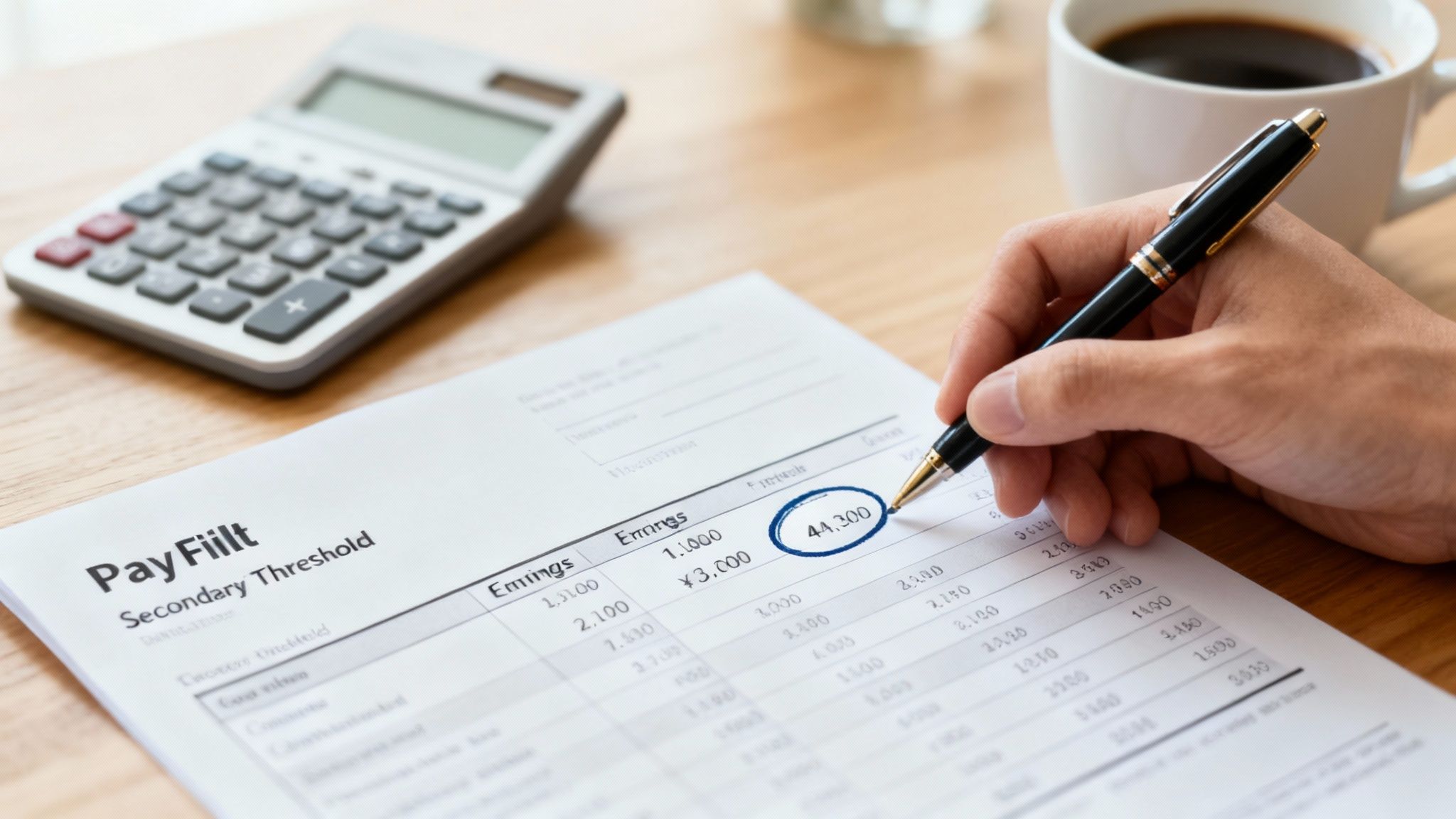 A person working on a laptop with a calculator, illustrating financial calculations.