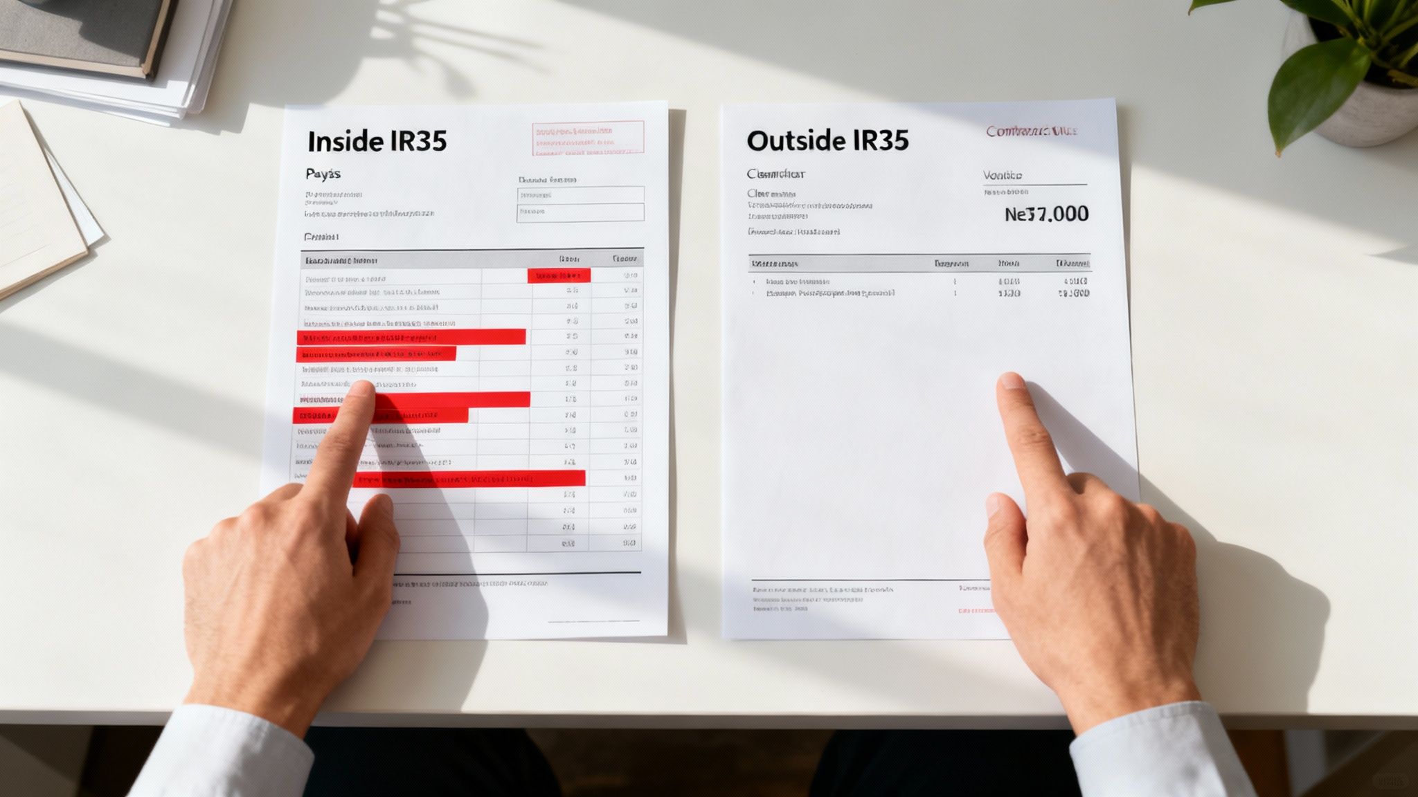 A split image showing a calculator on one side and a magnifying glass over a legal document on the other, representing the financial impact of IR35 status