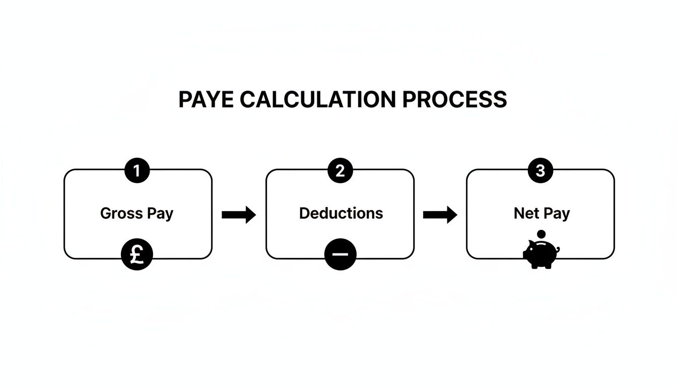 Flowchart illustrating the PAYE calculation process: Gross Pay minus Deductions equals Net Pay, with symbols.