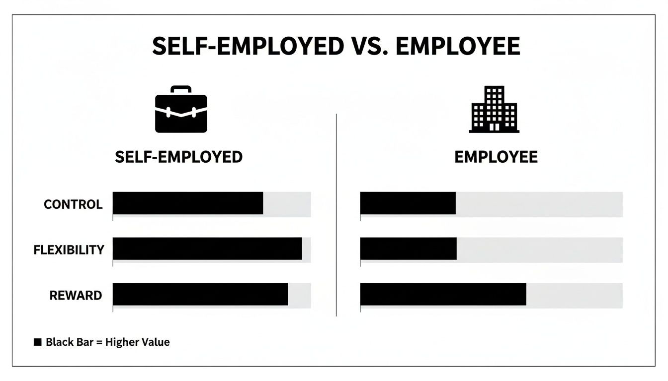 Comparison of self-employed vs. employee, showing differences in control, flexibility, and reward.