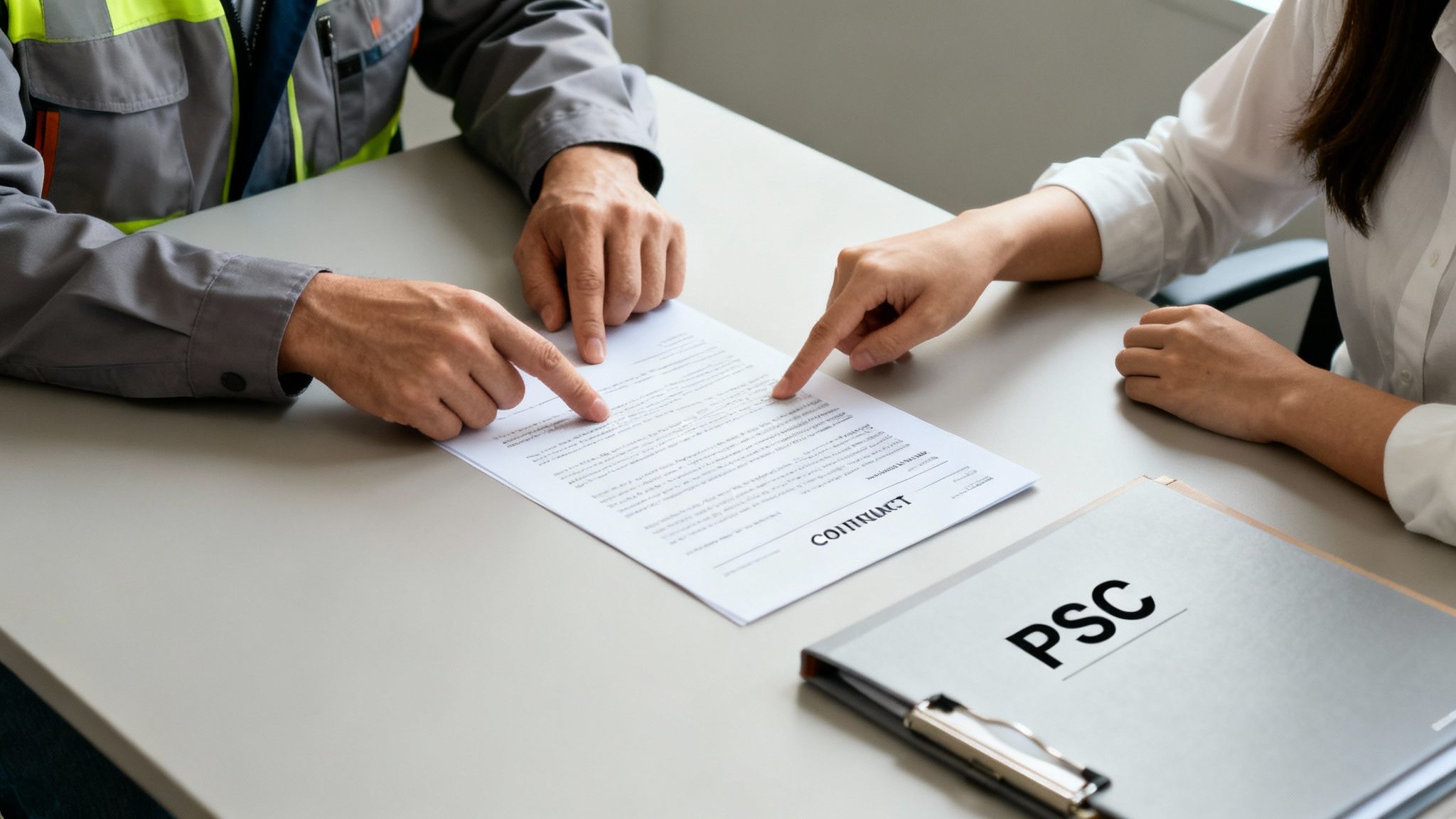 Two people, one in work attire and another in a white shirt, review a contract document, pointing at its clauses.