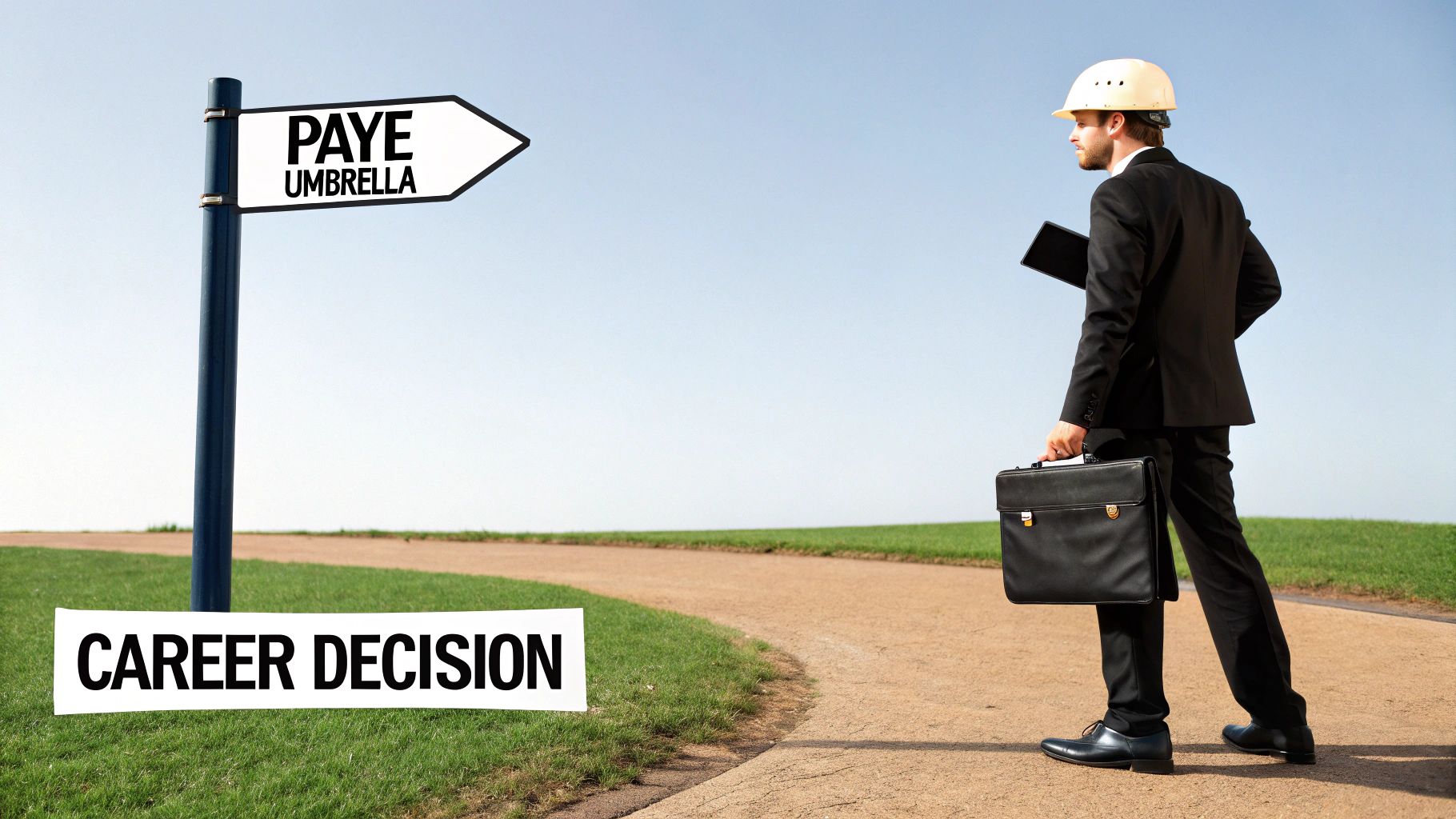 A person weighing two options on a scale, one representing PAYE and the other an umbrella company.