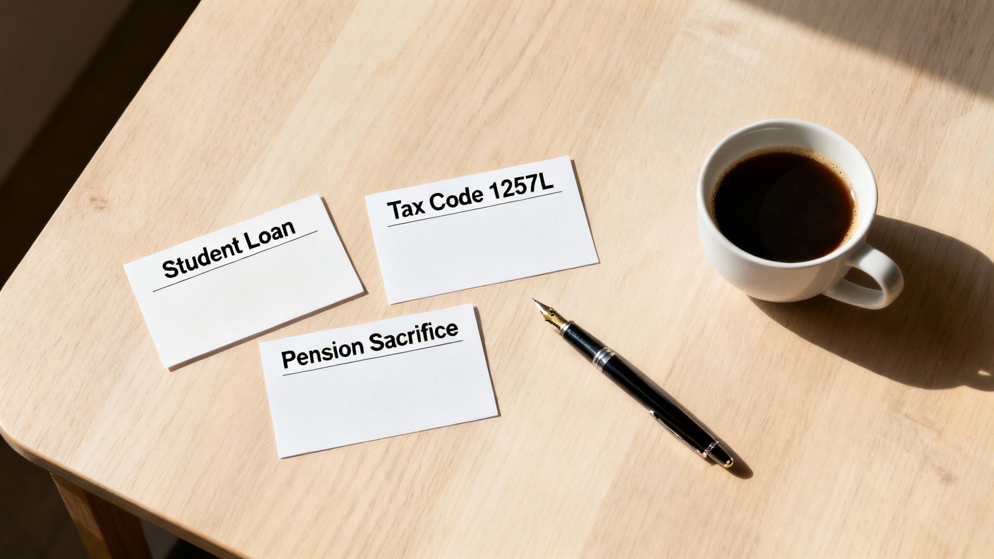 White cards displaying 'Student Loan', 'Tax Code 1257L', 'Pension Sacrifice' with a pen and coffee on a wooden table.