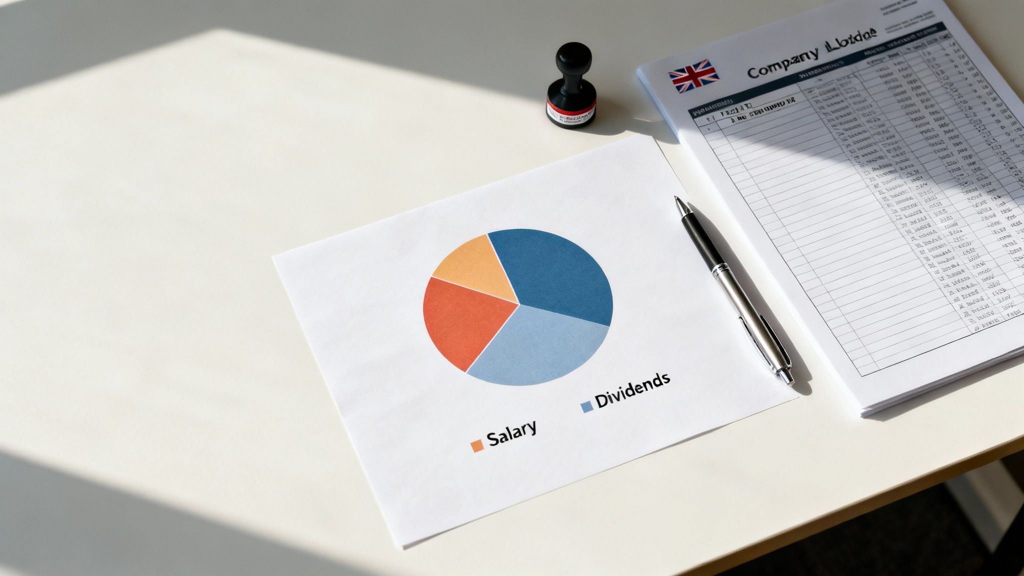 A financial pie chart showing salary and dividends, a pen, and documents on a white desk.