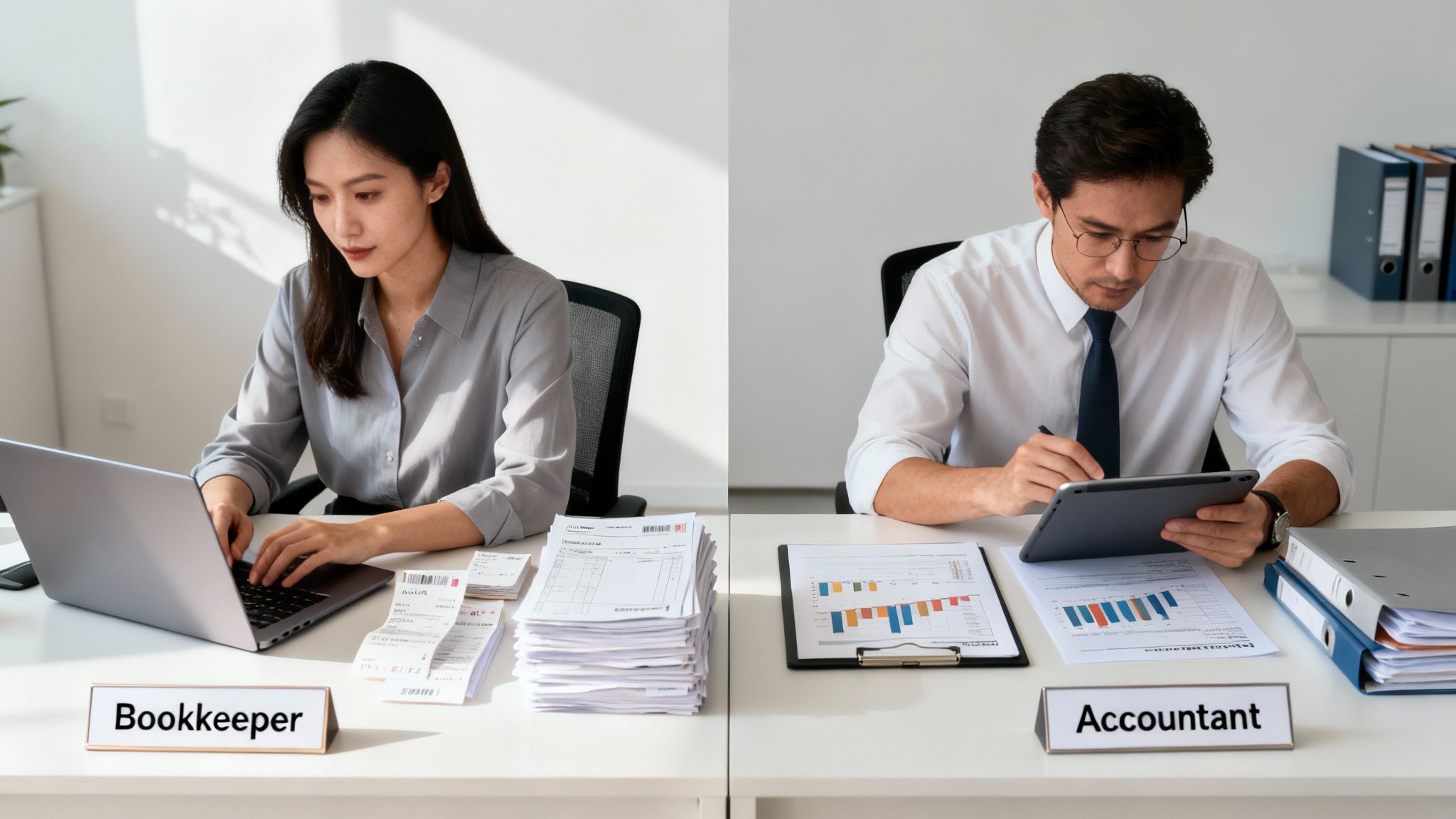 A bookkeeper types on a laptop with receipts, while an accountant analyzes data on a tablet.